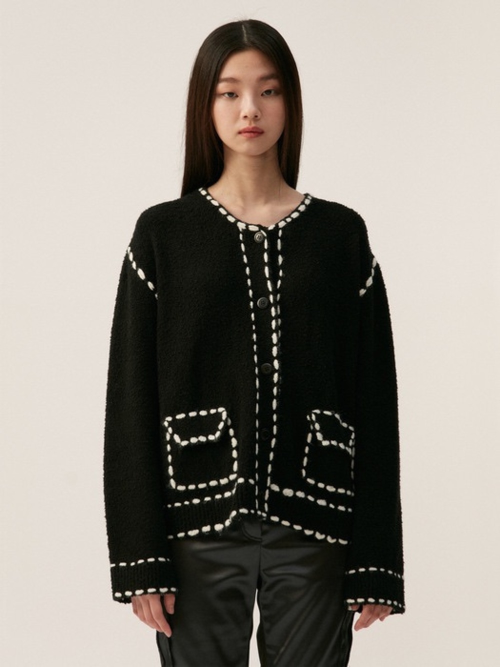 The Open Product Black Knit Cardigan with White Stitch Detail